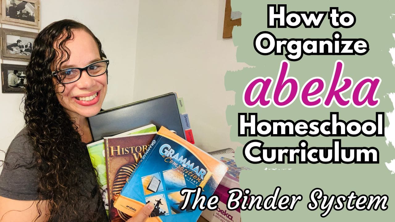 Picture of Yessiholding abeka curriculum and binder it says how to organize abeka homeschool curriculum the binder system