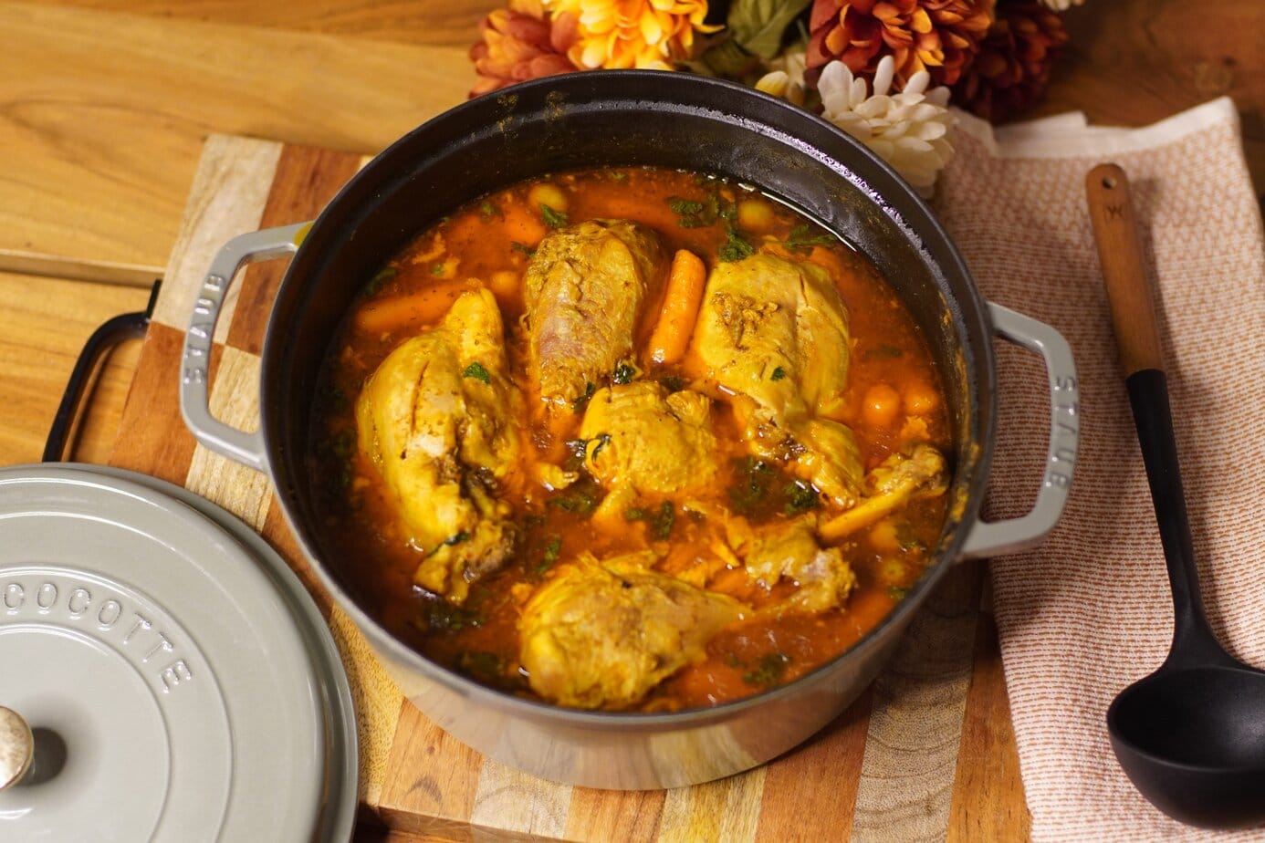 Top view of Staub dutch oven with Pavo Guisado in it